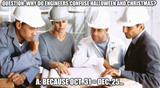 4 engineers with white hard hats looking at a large sheet of paper on a table, which really isn't a good fit for the words, but ok. The words are, "Question: Why do engineers confuse Halloween and Christmas?"Answer: Because oct 31 equals dec 25oct is short for octal. dec is  short  for decimal