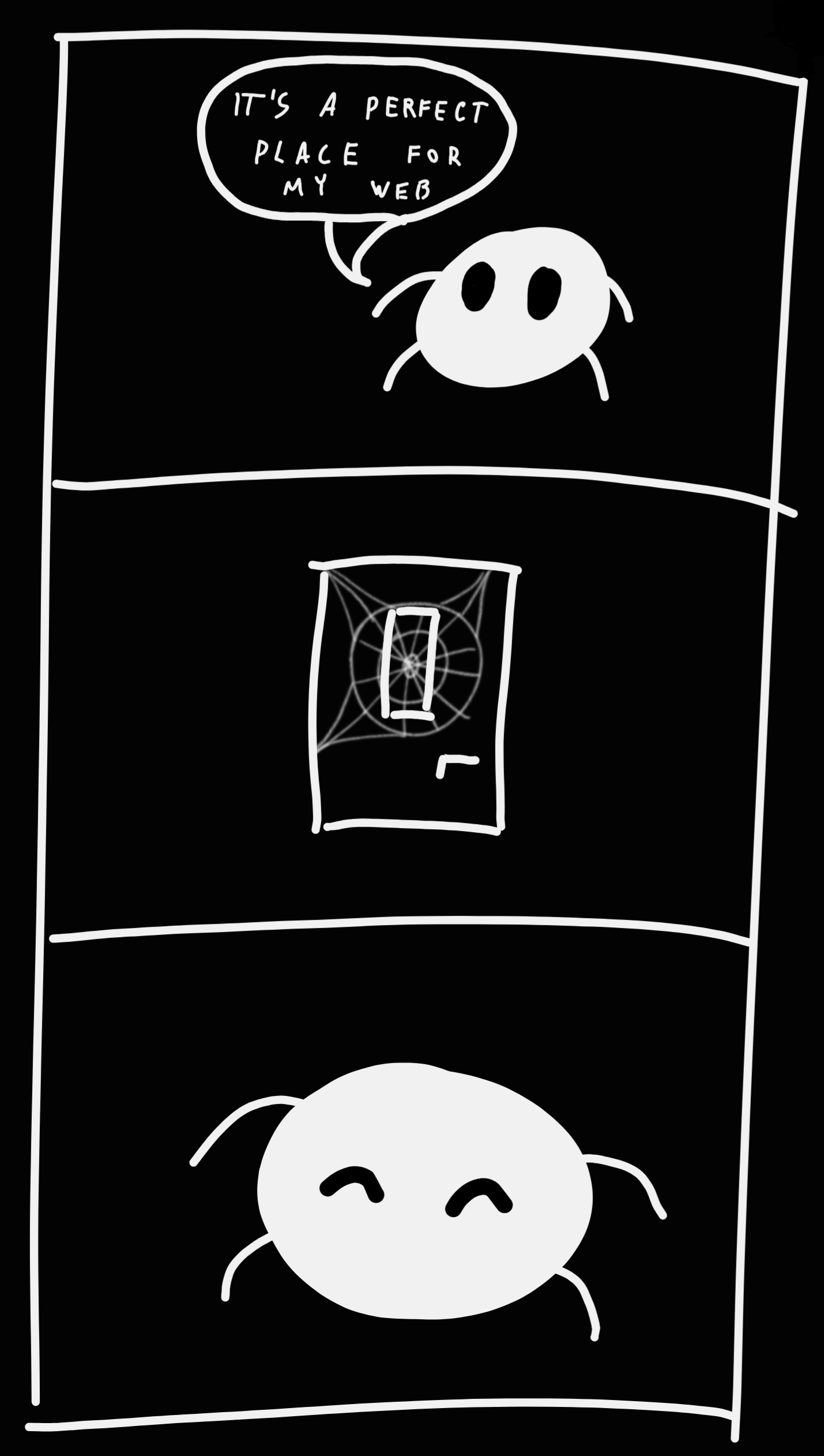 Three panel comic: 1st - spider saying "It's a perfect place for my web"; 2nd - drawing of a door with a spider web in the center of it at face height; 3rd - cute, happy spider, no other text