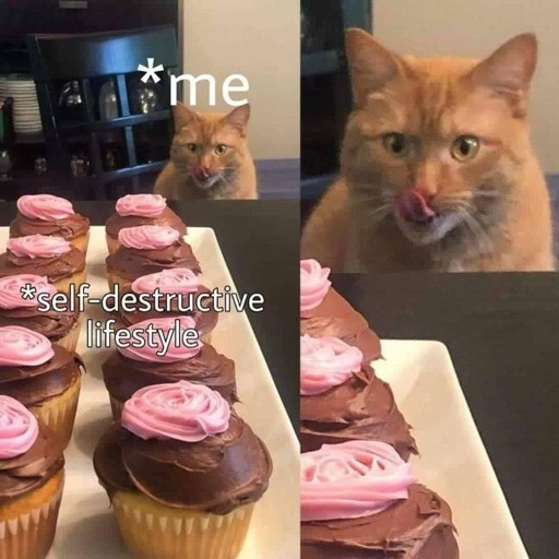 a kitty looks at tastey cupcakes and licks it's lips. kitty is labeled Me. cupcakes are.labeled Self destructive tendencies.