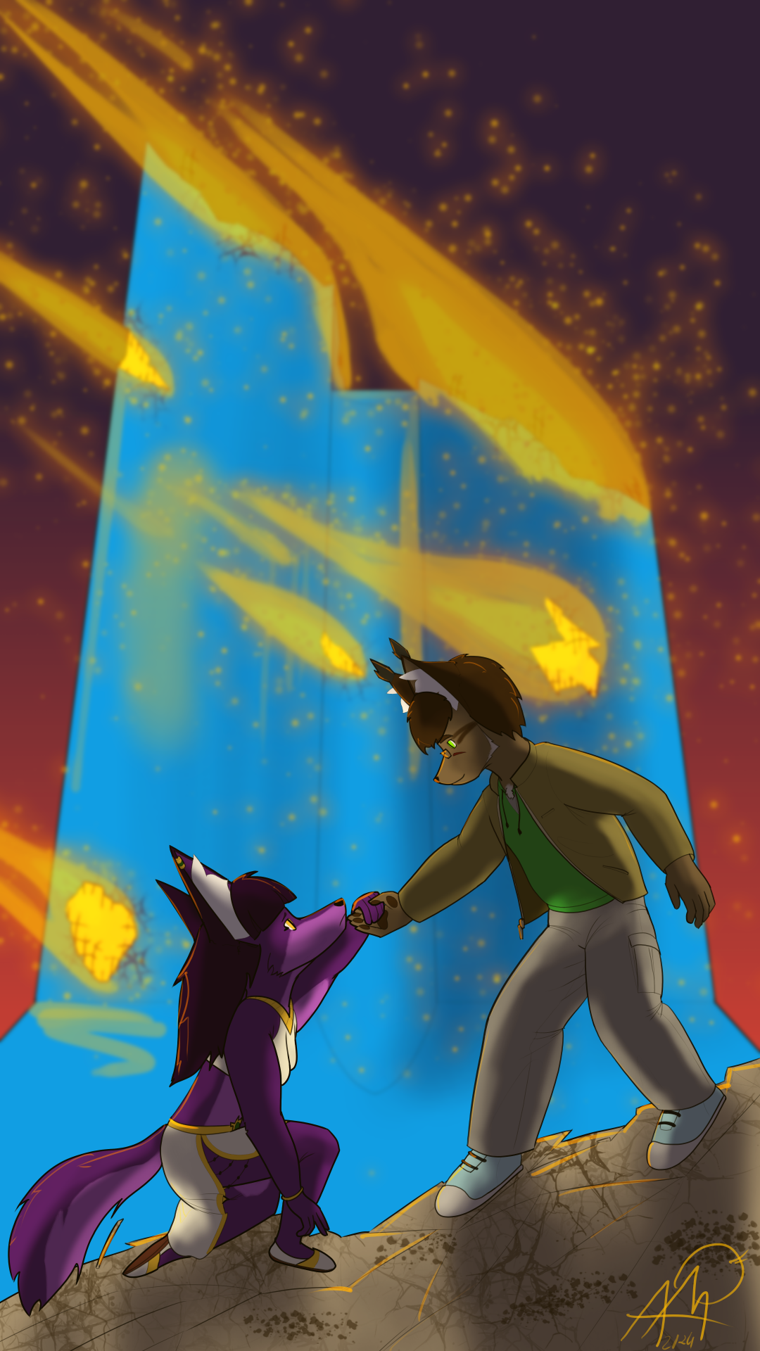 An anthropomorphic male lynx and an anthropomorphic female jackal in front of a burning, half collapsed skyscraper. The lynx holds the hand of the jackal and helps her stand up.